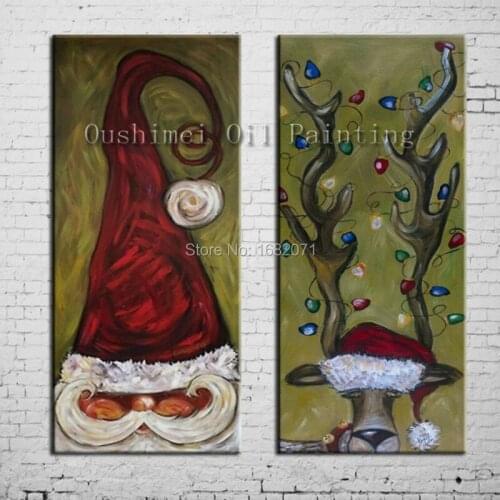 Free Shipping Superb Artist 100%Hand-painted High Quality Santa Claus And Reindeer Oil Painting On Canvas For Christmas Gift