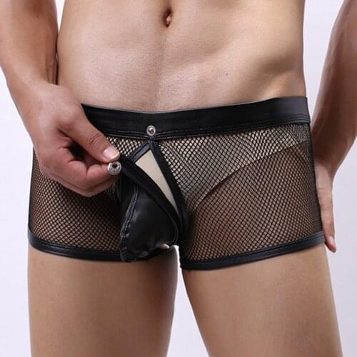 Transparent Mesh Men Boxers Open Crotch Underwear Man Imitation Leather Panty Sexy Gay Underpant Erotic Open Butt Fishnet Brief