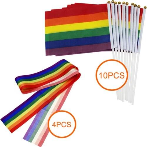 Gay Pride 10 Pack Rainbow Flag Lesbian Peace LGBT Flag Banner +4 Pack Rainbow Ribbon