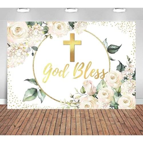 God Bless Backdrop First Holy Communion Baptism Background Flowers Floral Birthday Baby Shower Gold Dots Christening Backdrop