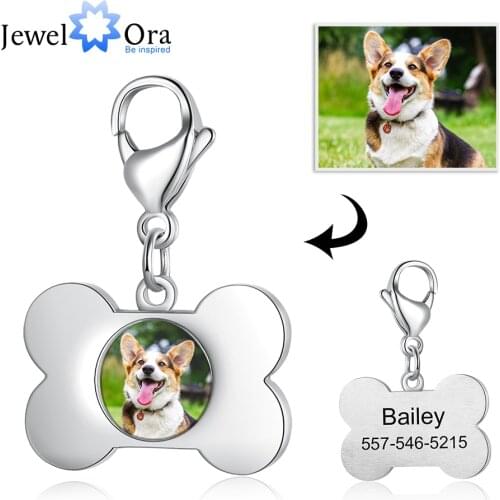 JewelOra Personalized Photo Pet ID Tag Stainless Steel Custom Dog Tags Keychain Free Name Engraving Jewelry