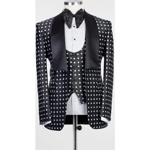 Newest One Button Black Polka Dot Groom Tuxedos Shawl Lapel Groomsmen Mens Wedding Prom Suits (Jacket+Pants+Vest+Tie)