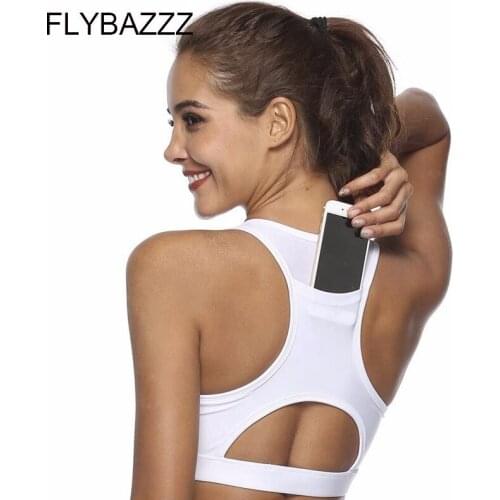 New Women Workout Tank Top Gym Stretch Phone Pocket Back Sexy Hollow Out Yoga Sports High Elastic Running Bra Padded Crop Tops