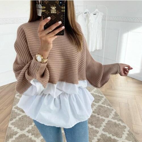 Autumn Sexy Tight Waist Top Knit White Ruffles Hem Patchwork Sweaters Casual O Neck Long Sleeve Pullover Women Christmas Sweater