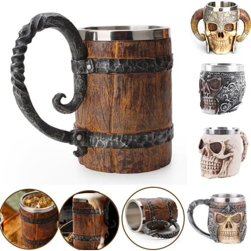 New 500ml Viking Wood style Beer Mug Double Wall Insulated Beer Cup Wine Tumbler Tea Milk Coffee Cup Christmas Decorations 2021