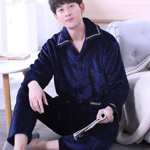 H5750 Autumn Winter Coral Fleece Pajamas Men Long Sleeve Cute Flannel Home Wear Suit Male Turn Down Causal Leisure Sleepwear