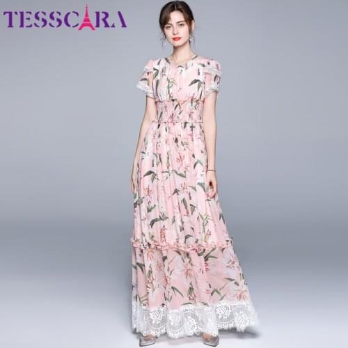 TESSCARA Women Summer Elegant Floral Dress Festa Female High Quality Long Maxi Party Robe Femme Vintage Designer Pink Vestidos