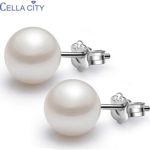 Cellacity Classic Round Shell Pearl Earrings for Women White Pink Silver 925 Jewelry Graceful Delicate Stud Earrings Party Gift