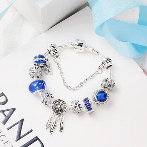 Dream Catcher Charm Bracelet Blue Crystal Glass Flower Bracelets for Women