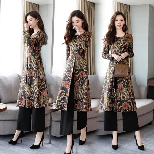 2021Chinese style printed two-piece dress women 2018 new autumn temperament retro national style pants suit