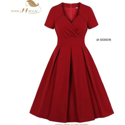 SISHION Elegant Party Red Dress VD2239 2021 Autumn New A Line V Neck Women 50s Vintage Dresses