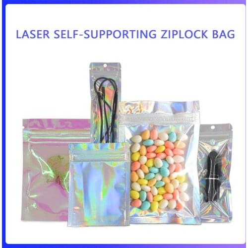 100Pcs Iridescent Zip lock Bags Jewelry Bag One Side Clear Holographic Laser Mini Aluminum Foil Zip Lock Bag Thick Candy Storage