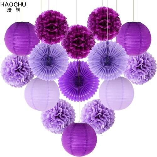 15pcs/lot Tissue Paper Lantern/Pom Poms Flower/Rosette Fans Birthday Baby Shower Party Wedding Decoration Paper Set Violet Color
