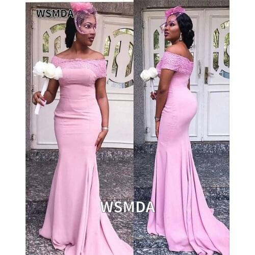 2021 Lace Off Shoulder Bridesmaid Dresses African Long Mermaid Sweep Train Pink Wedding Party Dress Robe De Soiree De Mariage