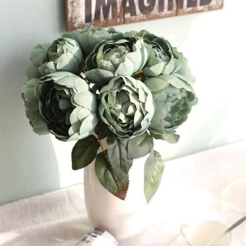 27cm Rose Pink Silk Bouquet Peony Artificial Flowers 2 Big Heads 4 Small Bud Bride Wedding Home Decoration Fake Flowers Faux