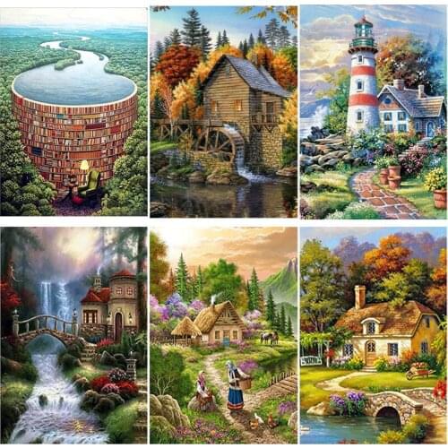 DIY 5D Diamond Painting House Diamond Embroidery Cross Stitch Landscape Lake Full Round Drill Mosaic Rhinestone Art Home Decor