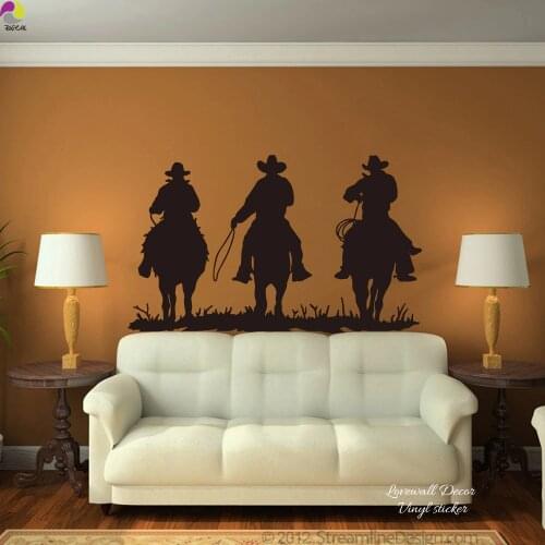 Large Horse Riding Wall Sticker Living Room 3 Cowboy Horses Mustang Farm Animal Wild West Wall Decal Bedroom Kids Room Vinyl DIY