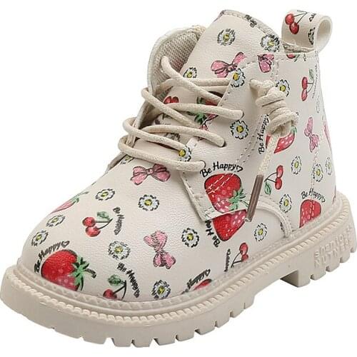 CAPSELLA Kids Girls Fashion Lace-Up Work Boots Children Spring Autumn Fruit Printing Ankle Boots Casual Shoes Size 22-31