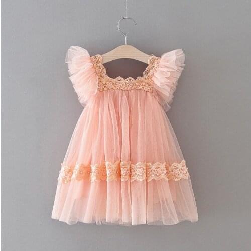 2020 Summer Girls Princess Dress Flutter Sleeve Pearl Lace Yarn Dress for Children