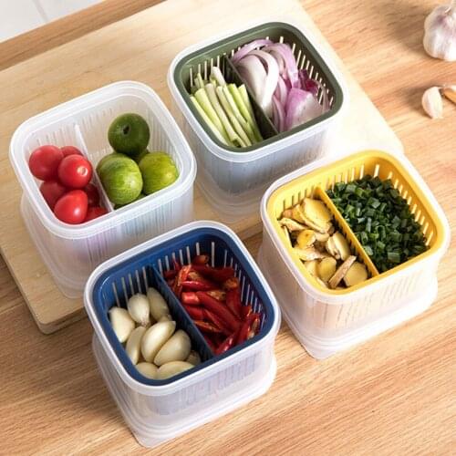Double-Layer Storage Box Drain Basket Kitchen Organizer Food Containers Compartment Draining Green Onion Ginger Garlic Boxes