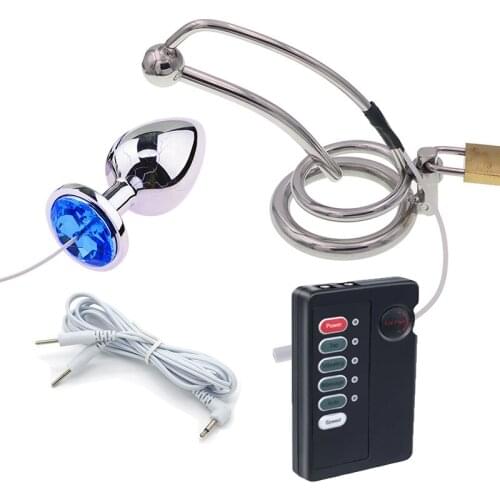 Electro Shock Male Cock Cage Metal Urethral Catheter Penis Ring Chasity Lock Electric Anal Plug Massager BDSM Sex Toy for Men