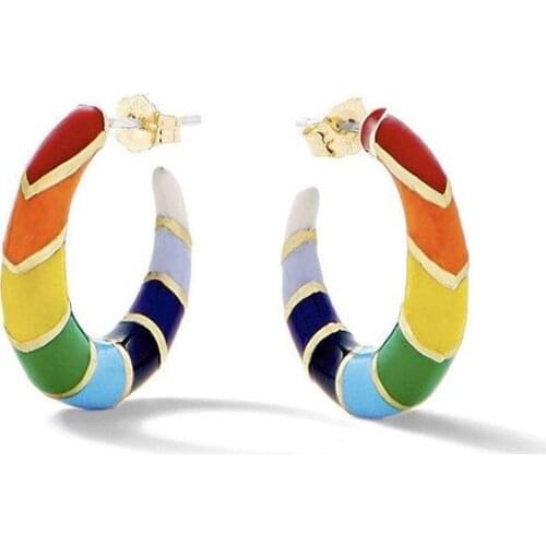 Rainbow Enamel Moon Shaped Hoop Earring Gold Color Summer Colorful Fashion Jewelry