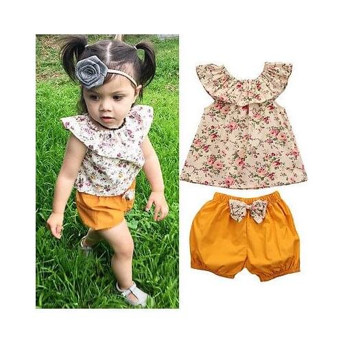Emmababy 2PCS Toddler Kids Baby Girls Outfit Clothes Cute Floral Tops Vest Ruffle Falbala + short Pants Trousers Hot Sale