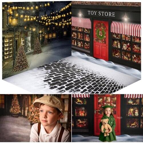 Christmas Holiday Street and Holiday Toy Store Backdrop Snow Winter Birthday Portrait Background Xmas Room Professional Props