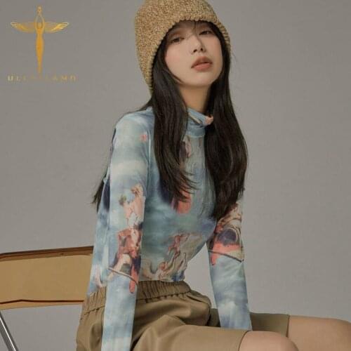 Ruffle Print Tees Turtleneck Mesh Clothes Women Slim Bottoming T Shirt Femme Long-Sleeve Pullovers Top Sexy Perspectives Tshirt