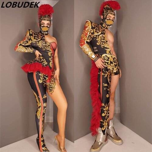 Men Women Group Uniform Stage Wear Vintage Print One Shoulder Jumpsuit Headdress Dance Outfit Sexy Fashion Performance Costume