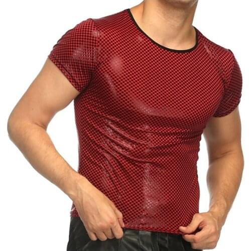 Sexy Men Glossy Skinny T-Shirt High Quality Top Club Wear O Neck Short Sleeve Pullover Slim Fit Patent Leather T Shirt Male