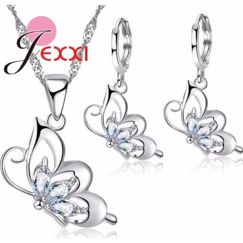 925 Sterling Silver Jewelry Sets for Women Wedding Necklace Pendant Hoop Earrings Elegant Cubic Zirconia Butterfly