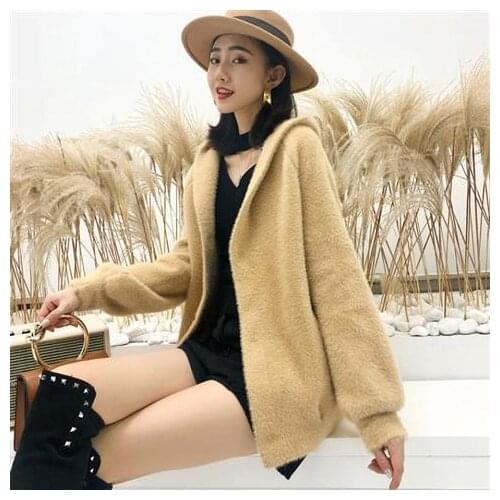 Mink velvet jacket female 2021 new hooded cardigan womens outerwear autumn and winter thickened wild top lace up hooded