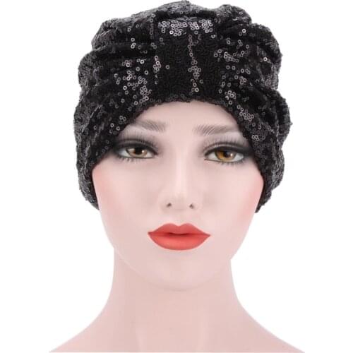 2019 New Elegant Women Sequins headscarf caps wrap head turban soft knotted turban Beanie Cap Turbante for ladies