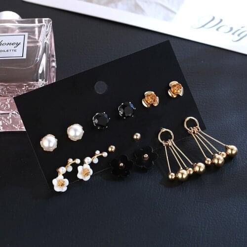 OATHYAN 6 Pairs/set Korean Style 2018 Fashion Acrylic Metal Flower Stud Earrings For Women Pearl Gold Ball Earring Set Jewelry