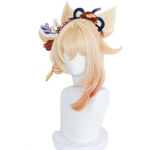 Yoimiya Cosplay Wig Game Genshin Impact Yoimiya Blond Orange Ponytail Fake Hair Halloween Party Role Play Wigs