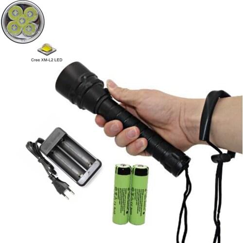 Scuba Light Diving Flashlight Underwater Dive Torch 5x L2 XM-L2 LED Rechargeable Flashlight + 18650 Battery + EU/US Charger