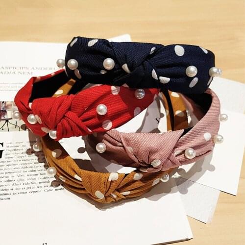 2020 Knot Pearls Hairbands For Women Girls Handmade Wide White Dots Cloth Fabric Twist Headband Bezel Hair Hoop Hair Accessories