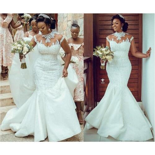 Plus Size Arabic Aso Ebi Luxurious Lace Beaded Wedding Dresses Mermaid High Neck Bridal Dresses Vintage Sexy Wedding Gowns