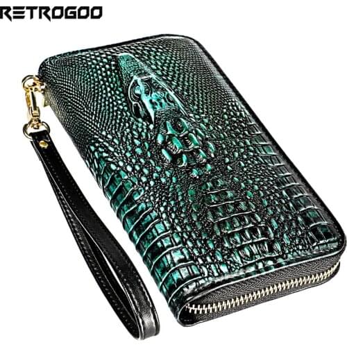 RETROGOO Genuine Leather 3D Crocodile Men Wallet Women Purse Wrist Strap Bag Card Holder Zipper Coin Pocket Cartera RFID Wallet