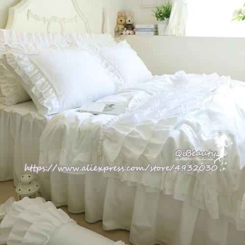 Top quality luxury pure white multi-layer ruffled bowknot lace lace princess wedding four-piece bedding