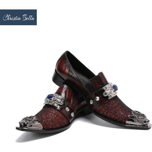 Christia Bella Brand Luxury Classic Leather Men Shoes Metal Tip Slippers Flats Plus Size Sequin Banquet Wedding Dress Shoes
