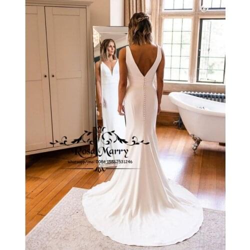 Sexy V Neck White Mermaid Wedding Dresses 2021 Backless Plus Size Simple Satin Customized Robe De Soirée De Mariage Bridal Gowns