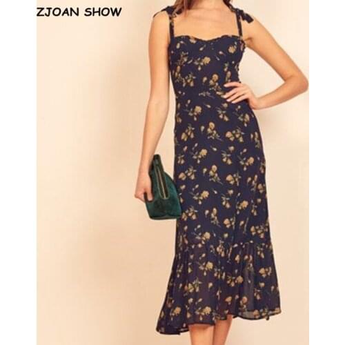 2021 Vintage French Flower Print Bandage Spaghetti Strap Ruffles Hem Midi Dress Navy Retro Women Tie Bow Sling Dresses Holiday