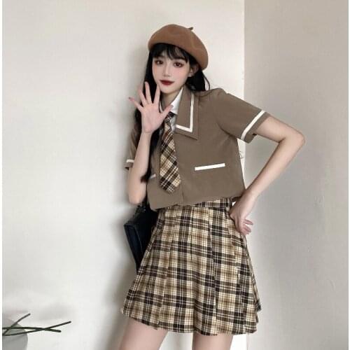 Japanese Art College Uniform Short Sleeve Navy Neck Plaid Tie Suits Coat Fashion Plaid Pleated Skirt Sets Jk Style Ladies Suit