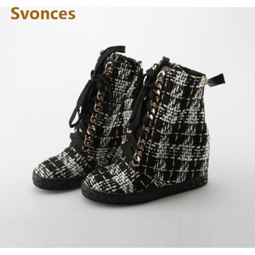 Fashion Height Increasing Women Boots Black-White Gingham Platform High Heel Wedge Shoes Zipper Up Leather Womens Casual Shoes