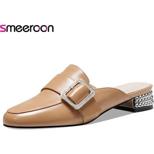 Smeeroon 2021 Hot Sale Genuine Leather Footwear Women Slipper Buckle Square Heel Simple Casual Shoes Ladies Slipper White