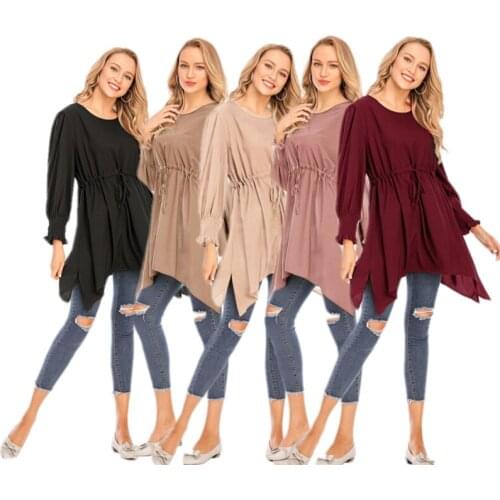 Four Seasons Womens Tops Turkish Solid Color Casual Tops Simple Style Long Sleeve Long Style Tops Fashion All-match Elastic