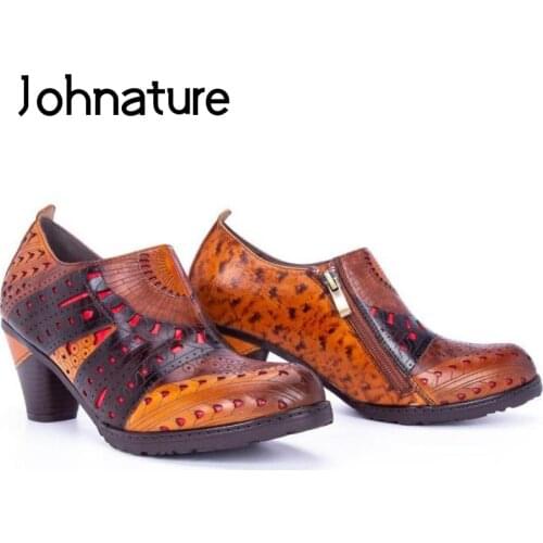 Johnature Women Shoes Pumps 2020 New Spring High Heels Genuine Leather Round Toe Zip Retro Sewing Handmade Platform Ladies Shoes
