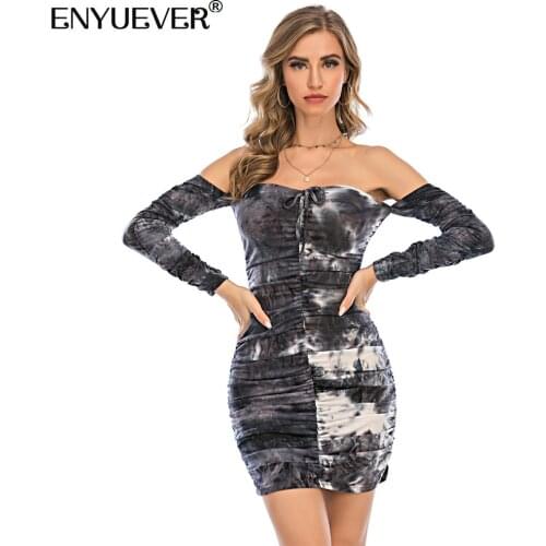 Enyuever Sexy Bodycon Mini Dress Off Shoulder Backless Tight Slim Tie Dye Print Ruched Long Sleeve Night Club Dress Clubwear